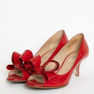 Valentino Garavani Couture Patent Leather Pumps Bow Peep Toe Kitten Heel EU 37.5